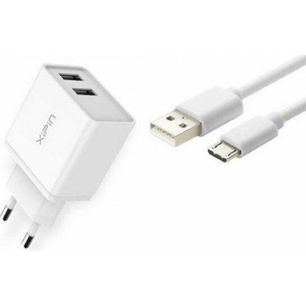 Xipin Φορτιστής με 2 Θύρες USB-A και Καλώδιο micro USB Λευκός (EU-03T)
